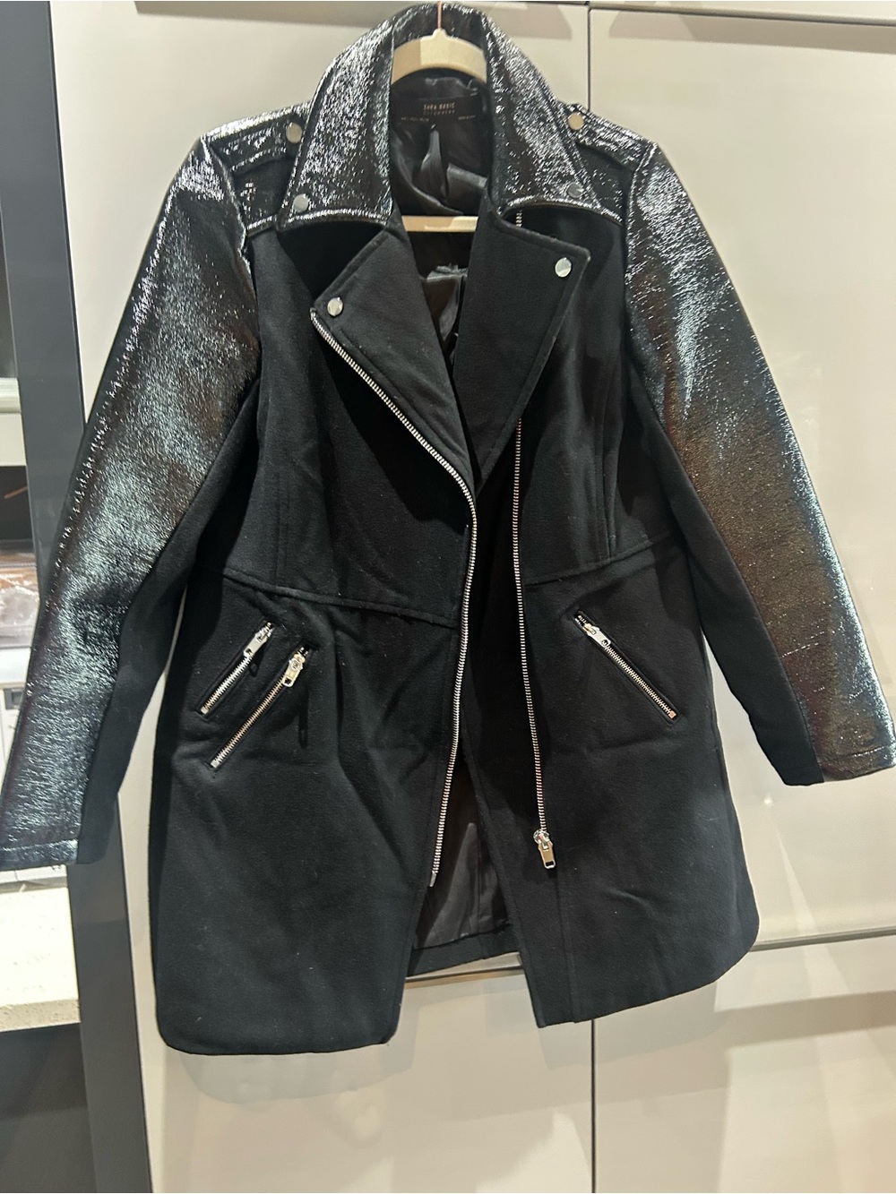 Zara Black Coat with Shiny Metallic-Effect Sleeves